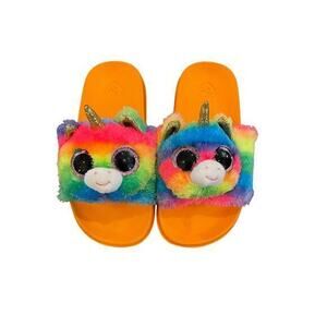 Ty Beanie Baby‎ Plush Kids Orange & Rainbow Gemma Unicorn Pool Slides Flip Flops
